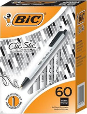 BIC Clic Stic Retractable Ballpoint Pen, 1 mm Medium Tip, Black, Pack of 60