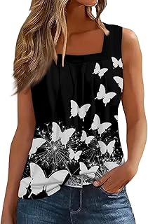 Summer Tank Tops for Women Loose Fit Pleated Square Neck Tops Casual Sleeveless Floral Print Trendy Camisole Blouse