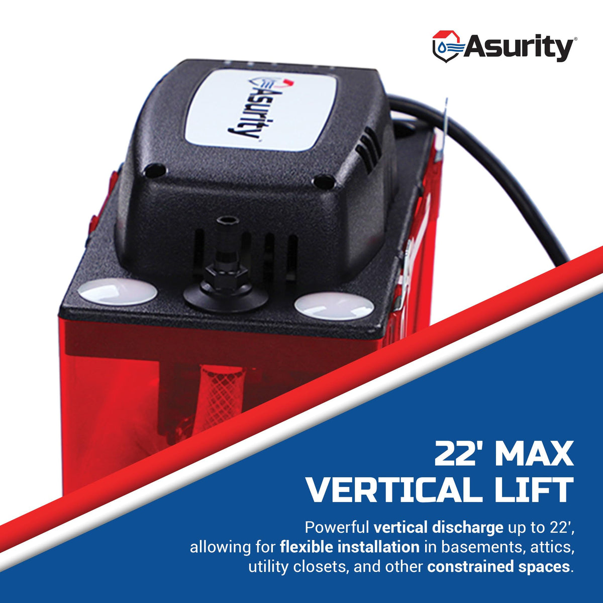 Asurity by ULTRACP-22T 120V Compact HVAC Condensate Pump with 20' of 3/8" Discharge Tubing and 22' Max Lift Height by Diversitech – 12-1/4X7-3/4X9 IN, Plastic, Model GID-SX-0463110
