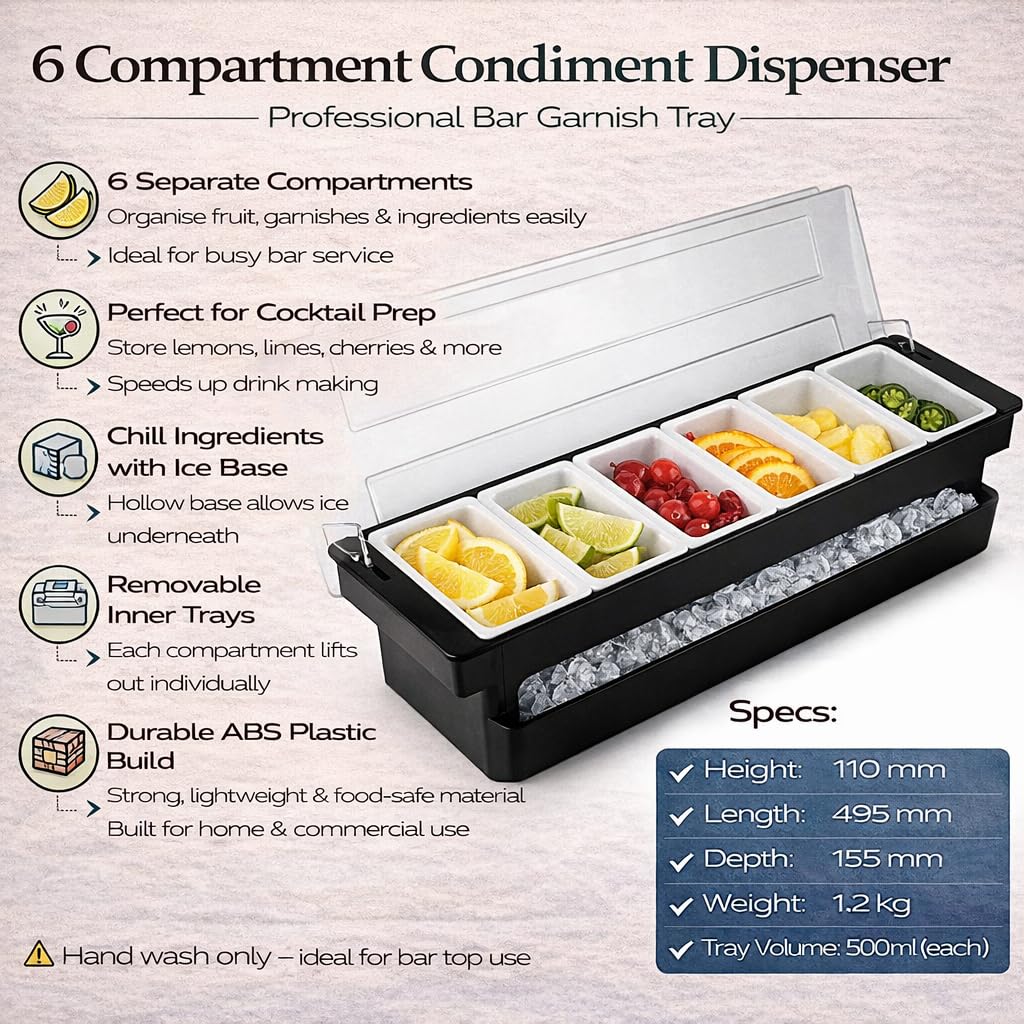 Tablecraft () 6-Compartment Black Plastic Condiment Holder by bar@drinkstuff – 6 Compartment, Plastic, Silver