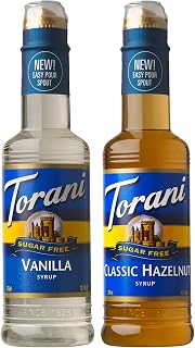 Torani Sugar Free Vanilla Syrup and Sugar Free Classic Hazelnut Syrup Variety 2-Pack, Coffee Syrups for Drinks, 12.7 Fl Oz Ea