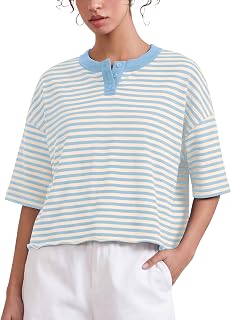 Women's Stripes Henley T Shirts Cropped Boxy Tees Oversized Crewneck Short Sleeve T-Shirt Roll Hem Summer Tops