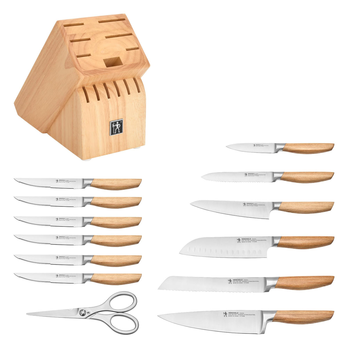 Pakka Wood Handles 14 piece Knife Block Set by HENCKELS – 14-pc, Stainless Steel, Brown, Pack of 14, Model 1034836