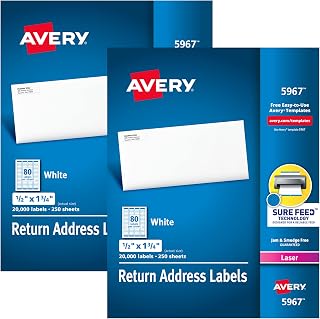 Avery Printable Return Address Labels with Sure Feed, 0.5" x 1.75", White, 2 Packs, 40,000 Blank Mailing Labels Total (21921)