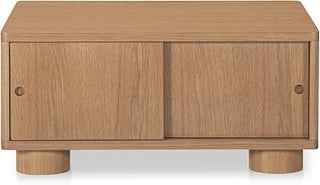 Hobbs Coffee Table, Soft-Edge Square, Solid Oak, Rounded Post Legs, Sliding Door Storage, Natural