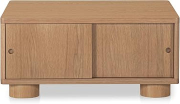 Hobbs Coffee Table, Soft-Edge Square, Solid Oak, Rounded Post Legs, Sliding Door Storage, Natural