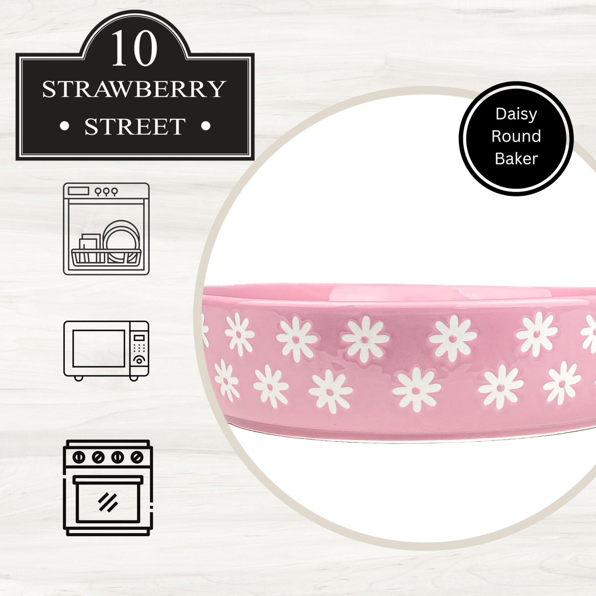 Daisy Round Baker by 10 Strawberry Street – 88 oz, 88.0 fluid_ounces, Stoneware, Pink, Model DS-PFL-40-63-004