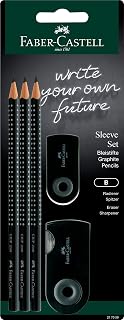 Faber-Castell Sleeve Set Black - 3 x Grip 2001 B Pencils, 1 x Sleeve mini eraser, 1 x Sleeve twin sharpening box