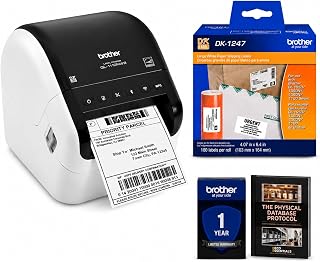 Brother QL-1110NWB Wide Format Direct Thermal USB, Wi-Fi & Bluetooth Shipping Label Printer - Bundle with Deco Essentials eBook + DK-1247 4.07" x 6.4" Shipping Labels