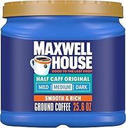 MAXWELL HOUSE Ground Coffee, Half Caff Original Medium Roast, 25.6 oz | Half Caff Medium Roast Coffee, Smooth & Rich, Full-Bodied Flavor, Rich Aroma, Roasted in the USA Since 1892, Kosher
