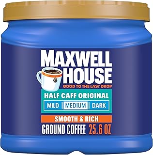 MAXWELL HOUSE Ground Coffee, Half Caff Original Medium Roast, 25.6 oz | Half Caff Medium Roast Coffee, Smooth & Rich, Full-Bodied Flavor, Rich Aroma, Roasted in the USA Since 1892, Kosher
