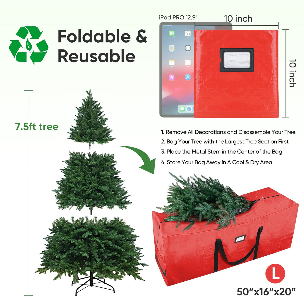 Baleine Artificial Tree Storage Bag, 7.5 Foot Capacity, Red