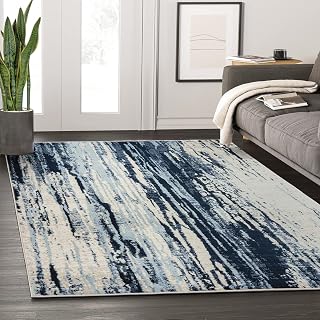 Abani Laguna Collection Modern Style Area Rug Rugs Blue & Cream 4’x 6’ Drip Lines Pattern Accent Rug