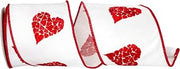 Reliant Ribbon Hearts Embroidered Wired Edge, White/red, 4 Inch, 5 Yards