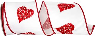 Reliant Ribbon Hearts Embroidered Wired Edge, White/red, 4 Inch, 5 Yards