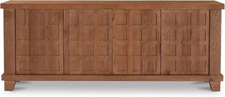 Enya Sideboard, Rectangular, Red Oak and Mango Wood, Carved Door Fronts, Push-to-Open Doors, Red Oak