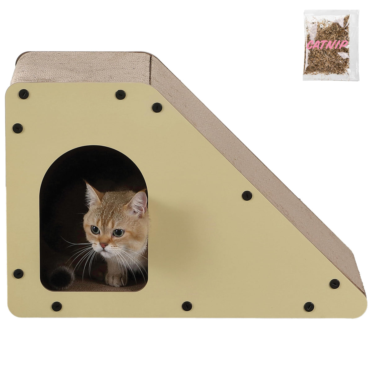 Kento 23.63" Minimalist Cardboard Angled Cat Cave Scratcher with Catnip by THE LICKER STORE – Medium, Cardboard, Almond, Model CSR1008A