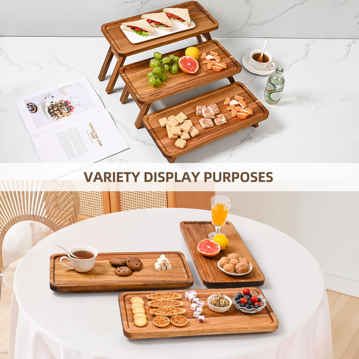 GEHE Tiered Serving Stand, Acacia Wood, 3 Tier Foldable