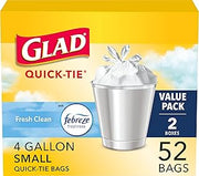 Glad OdorShield Small Quick-Tie Trash Bags, Fresh Clean Scent, 4 Gallon, 52 Ct (Package May Vary)