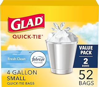Glad OdorShield Small Quick-Tie Trash Bags, Fresh Clean Scent, 4 Gallon, 52 Ct (Package May Vary)