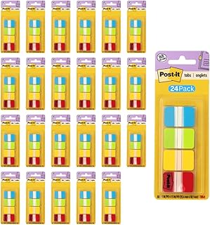 Post-it Tabs, 1 in Solid, Aqua, Lime, Yellow, Red, 22/Color, 88/Dispenser (686-ALYR1IN) (24 Pack)