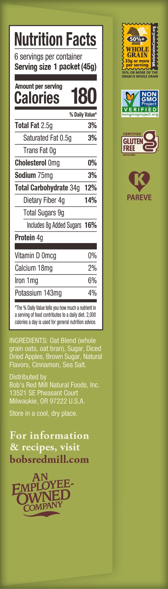 Bob's Red Mill Apple Cinnamon / 6 Count (Pack of 1) / No Color Breakfast Foods