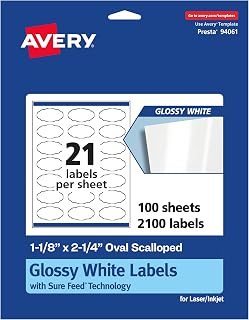 Avery Glossy White Oval Scalloped Labels, Sure Feed® Technology, 1-1/8" x 2-1/4", 2,100 Glossy White Labels, Print-to-The-Edge, Permanent Adhesive, Laser/Inkjet Printable