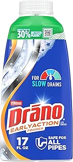 Drano EarlyAction Foamer, Drain Clog Remover & Cleaner, Unclogs Hair, Grease, Soap & Slow Drains, Removes Sources of Odor, Safe for Septic, Pipes, Garbage Disposals, Showers & Sinks, 17 Fl Oz | Unclogs Hair, Grease & Slow Drains; Removes Sources of Odor; Safe for Pipes, Garbage Disposals & Sinks; Packaging May Vary