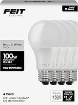 Feit Electric A19 LED Light Bulbs, 100W Equivalent, 1500 Lumens, Neutral White 3000K, 15W, 11,000-Hour Lifespan, General Purpose Indoor/Commercial Use, A1600/835/10KLED/4, 4 Pack