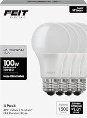 Feit Electric A19 LED Light Bulbs, 100W Equivalent, 1500 Lumens, Neutral White 3000K, 15W, 11,000-Hour Lifespan, General Purpose Indoor/Commercial Use, A1600/835/10KLED/4, 4 Pack