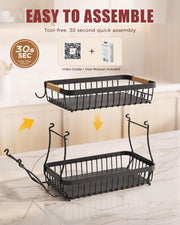 Sevenblue 2-Tier Fruit Basket, Iron with Banana Hooks, Black