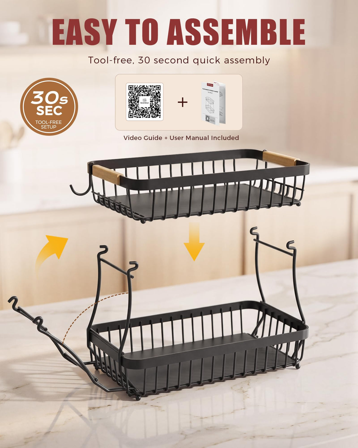 Sevenblue 2-Tier Fruit Basket, Iron with Banana Hooks, Black