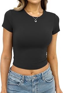 Womens Short Sleeve Crop Tops Slim Fitted Crewneck Baby Tee