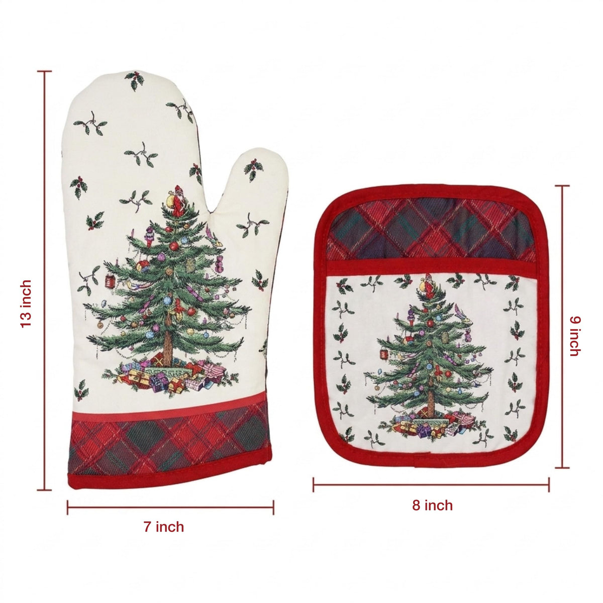 Spode Holiday Oven Mitt and Pot Holder Set, 2 Piece, Red Tartan
