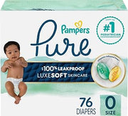 Pampers Pure Baby Diapers, Size 0 (>10 lbs), 76, Up to 100% Leakproof, Premium Hypoallergenic Soft Diapers