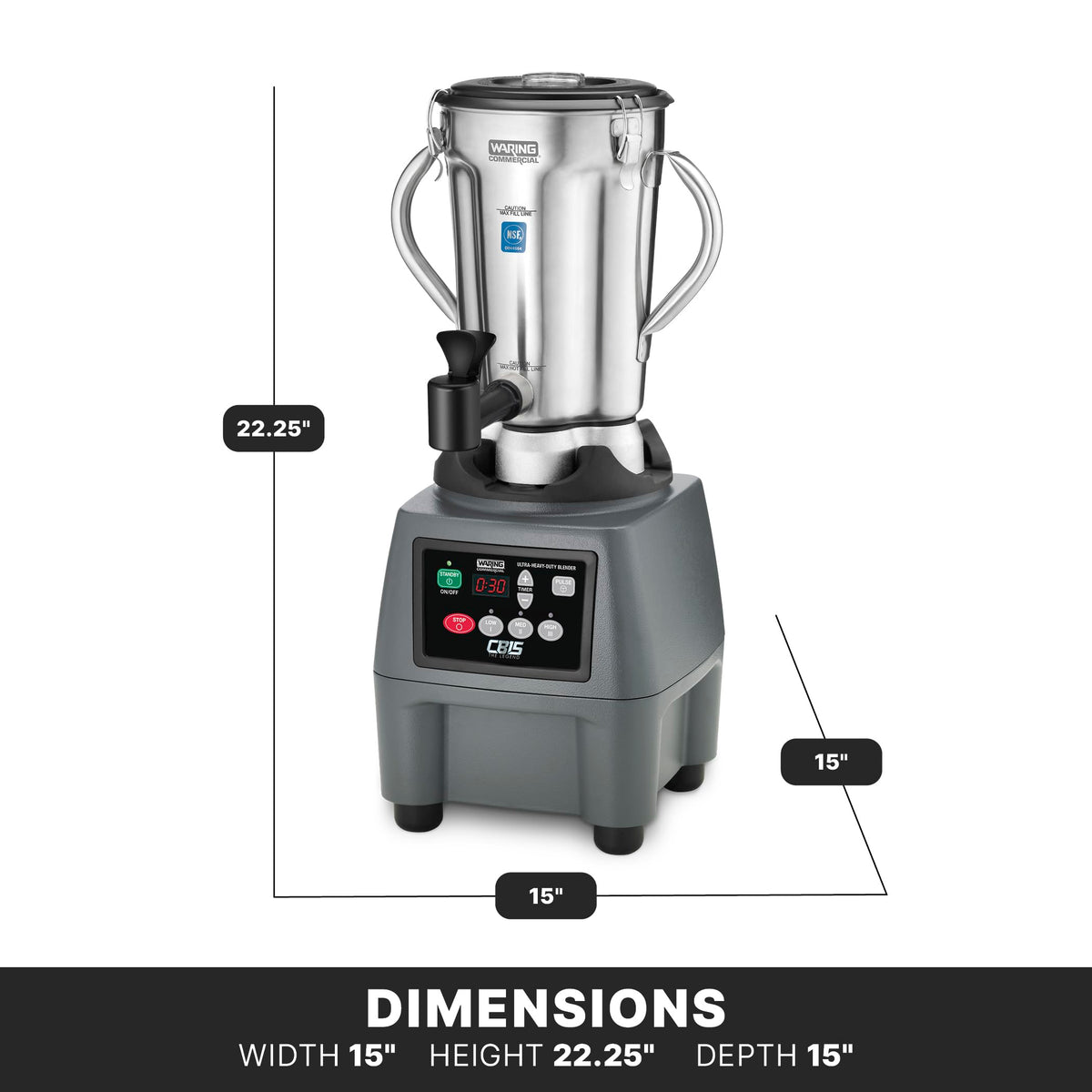 Waring Electronic Touchpad w/3 Minute Timer / Stainless Steel Jar CB15TSF / 1 Gallon Countertop Blenders
