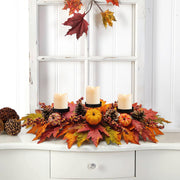 Sunnypack Fall Harvest Candle Holder, 27.5 Inch Triple Pillar, Pumpkin Pine Cone Berry