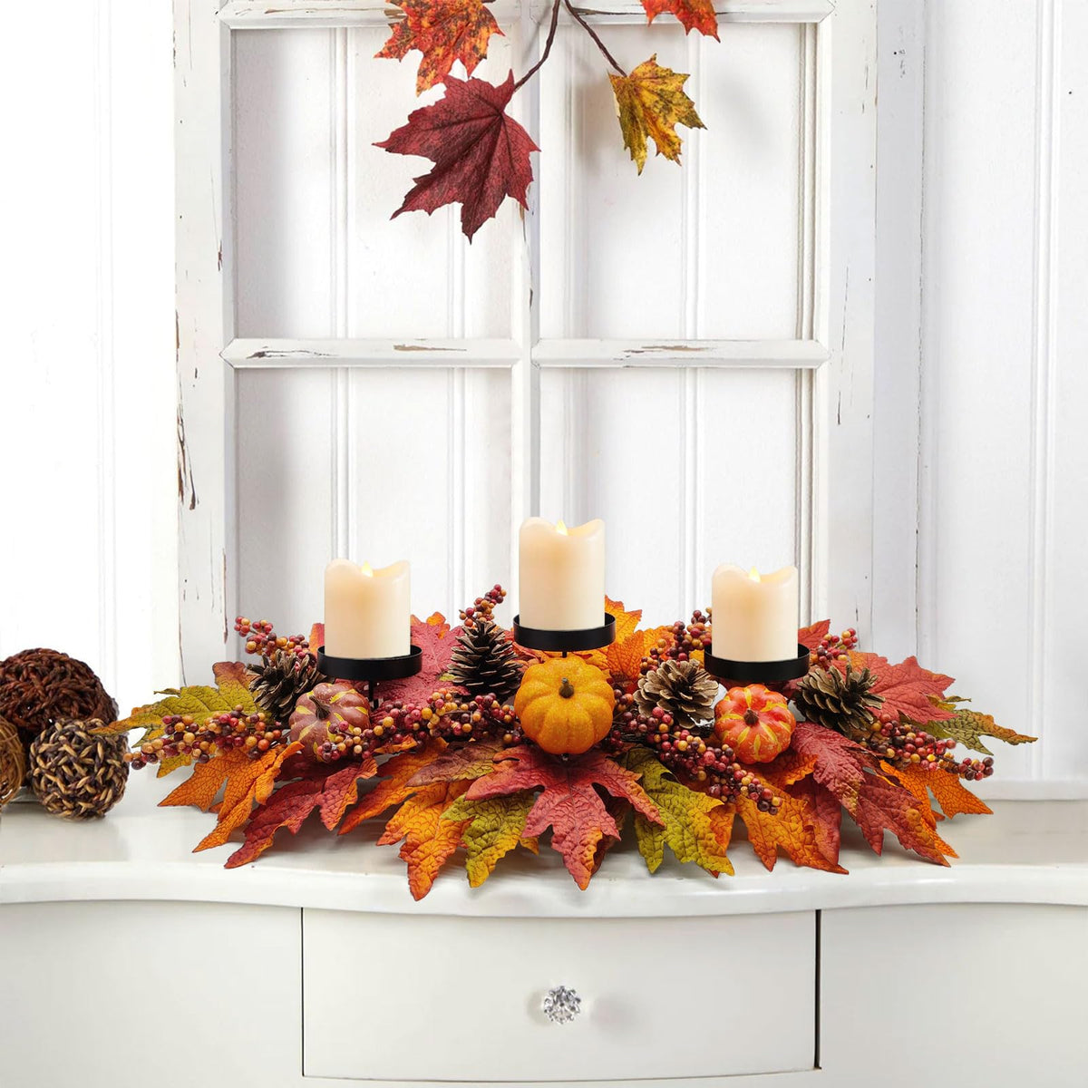 Sunnypack Fall Harvest Candle Holder, 27.5 Inch Triple Pillar, Pumpkin Pine Cone Berry