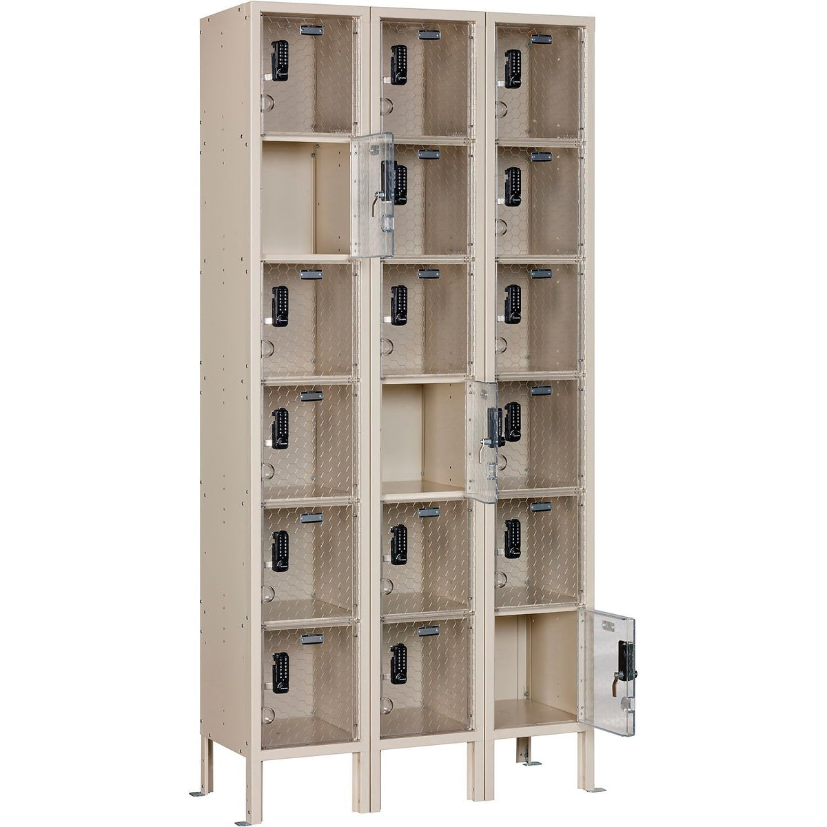 Global Industrial 6-Tier 18 Door Clear View Locker – Digital Lock, 36" Wx15 Dx78 H, Tan, Assembled