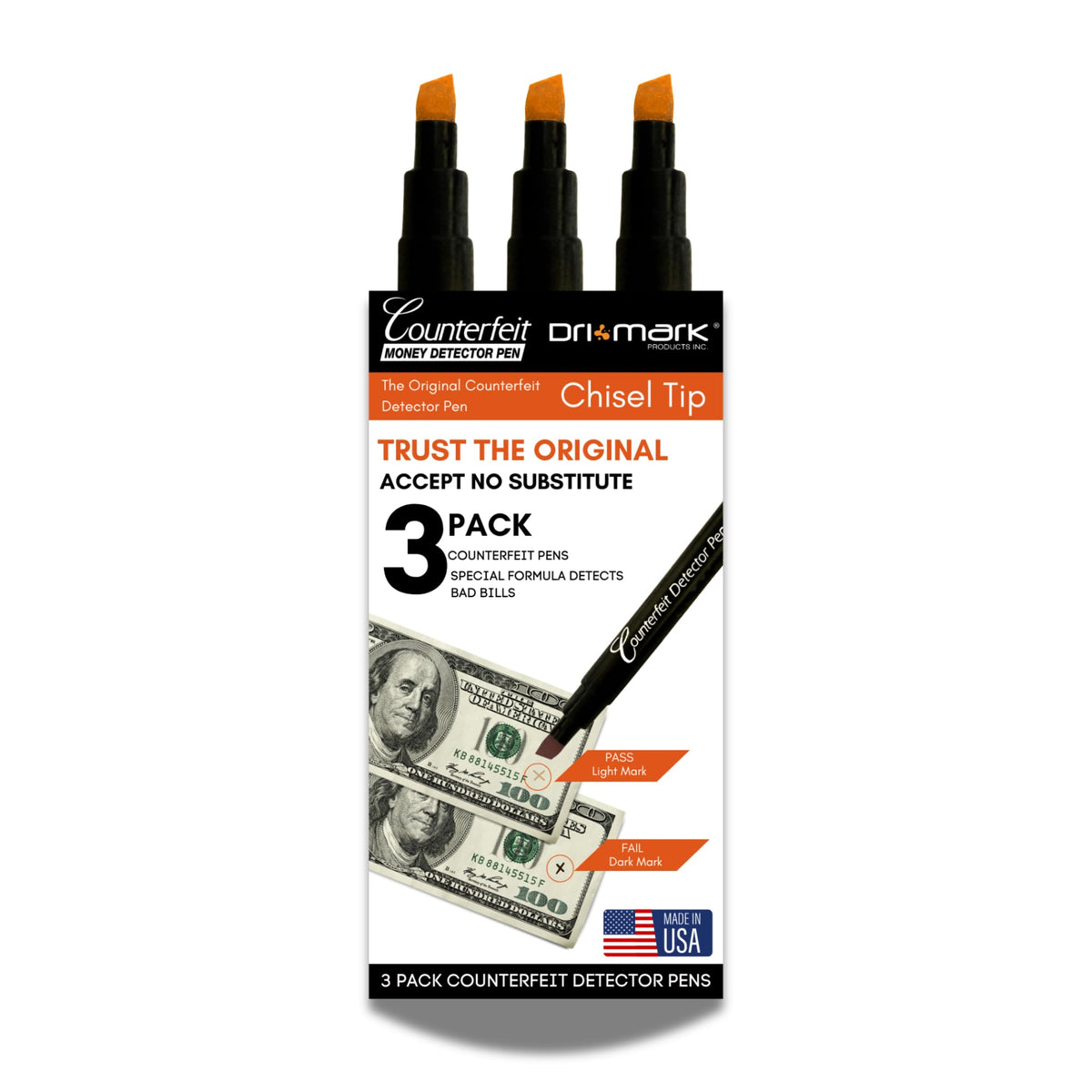 Counterfeit Money Detector Pen by Dri Mark – Pack of 3, Model 3513B-CH