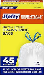 Hefty Essentials 13 Gallon Kitchen Trash Bags, White, Unscented, 45ct