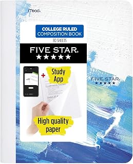 Five Star COLLEGE Ruled Composition Books + Study App, 80 Sheets, 9-3/4" x 7-1/2" (Blue Paint Strokes)