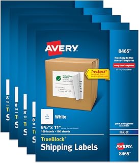 Avery Full-Sheet Printable Shipping Labels, 8.5" x 11" Customizable Stickers, White, 500 Blank Mailing Labels, Great for Mailing, Shipping, Organizing, and More (5-Pack of 58465)