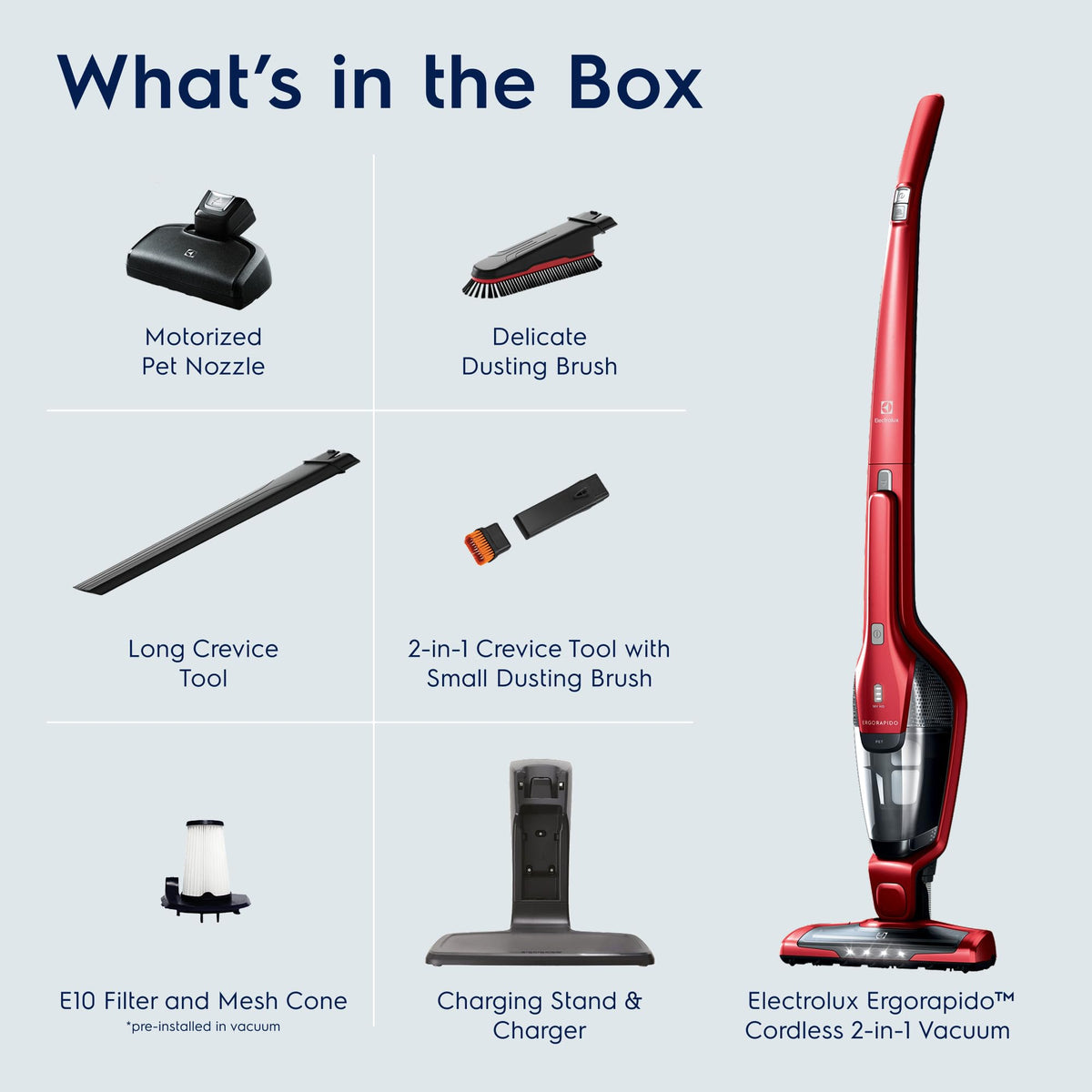 Ergorapido Pet Cordless 2-in-1 Vacuum Cleaner with Motorized Pet Nozzle for Easy Pet Hair Removal by Electrolux – 0.5 liters, Chili Red, Model EHVS3510AR