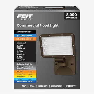 Feit Electric Adjustable White LED Wall Flood Light, Up to 8000 Lumens, Lumen Select, 5CCT Selectable, Adjustable Head, Dusk to Dawn Sensor, Commercial Outdoor Security Light, S6FL/5CCT/LSDD/BZ