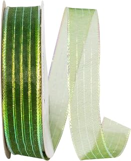 Reliant Ribbon Metallic Organza Stripe, Moss, 5/8 Inch, 25 Yards