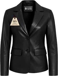Lambskin Leather Blazer Women – Premium Women Leather Jacket with Notched Lapel, Long Sleeves, Flap Pockets