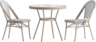 Flash Furniture 31.5" Glass Top Table and 2 Stack Chairs, Black/White | Commercial Grade, Indoor/Outdoor Use, Textilene, Light Natural Frame, 2 Stack Chairs