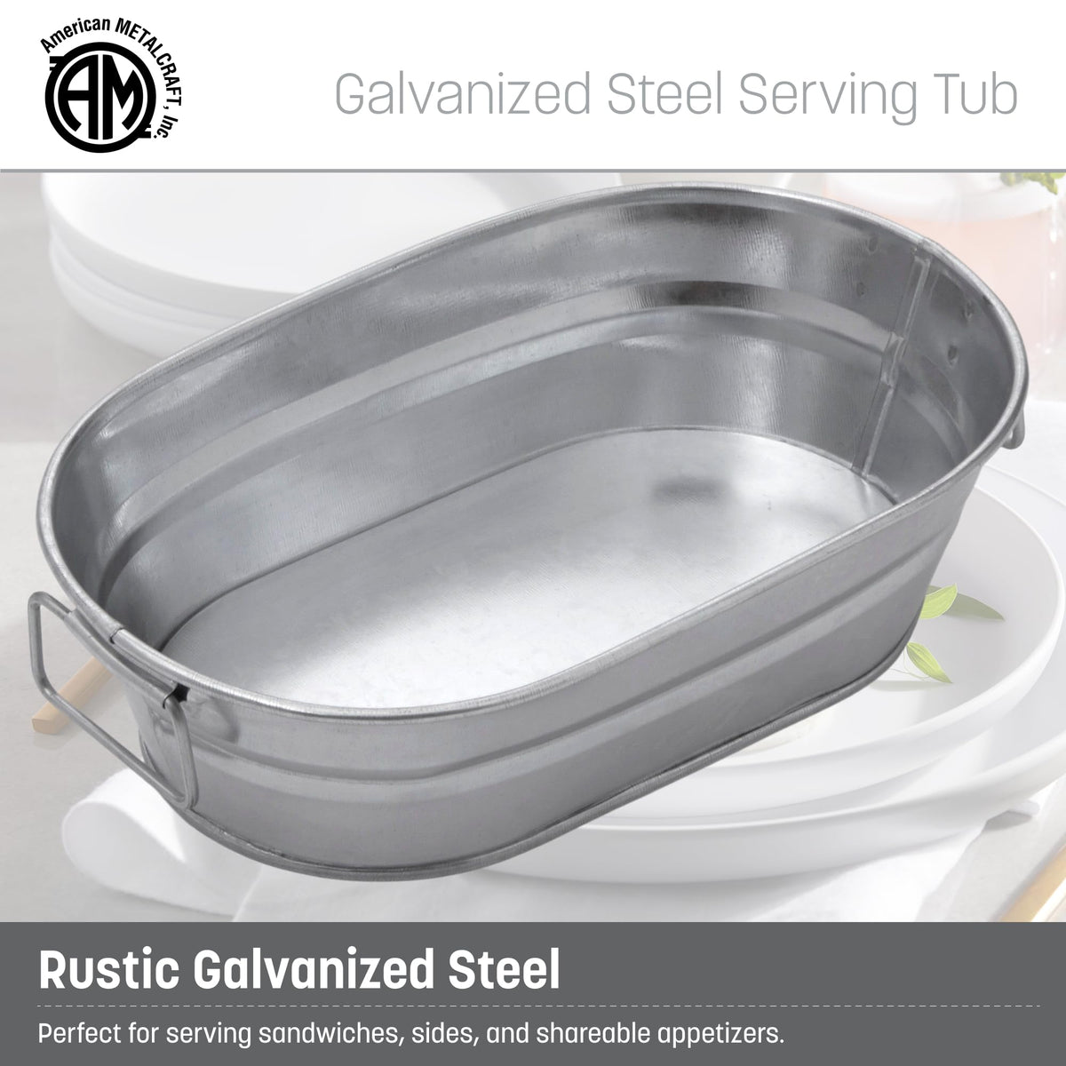 Natural Galvanized Steel Oval Tub with Side Handle 8-5/8" L x 5-1/2" W x 2-1/2" H 32-ounce by American Metalcraft – 32 oz (Pack of 1), 24.0 ounces, Aluminum, Silver, Model MTUB69