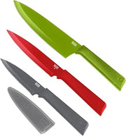 Kuhn Rikon COLORI+ Mixed Knife Set with Non-Stick Coating and Safety Sheaths, Set of 3, Green, Red and Graphite Grey